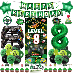 Décorations de fête d'<span class=keywords><strong>anniversaire</strong></span> <span class=keywords><strong>8</strong></span> <span class=keywords><strong>ans</strong></span> sur le thème des <span class=keywords><strong>jeux</strong></span> vidéo : Bannière, guirlandes, ballons en aluminium imprimés manettes 0-9, ballons imprimés, décorations de gâteau et de cupcakes - Product Image 1