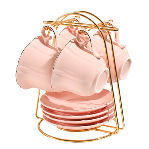 Elegant Ceramic Coffee Cup And Saucer <b>Set</b> With Stand For <b>Afternoon</b> <b>Tea</b> European Style Solid Color Round Handle Design - Product Image 3