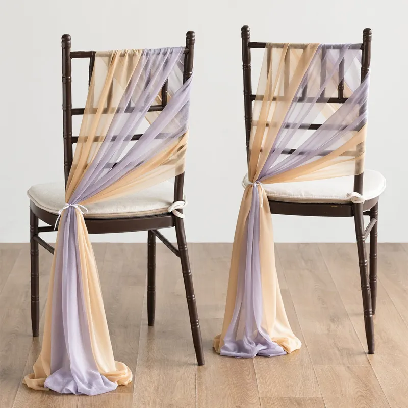 ผ้าคาดเอวสำหรับจัดเลี้ยงกลางแจ้งผ้าชีฟองสีม่วงและสีทองมีสายคาดด้านหลังเก้าอี้หรูหรา