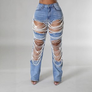 Jeans Elásticos con Detalles Desgastados para Mujer, <span class=keywords><strong>Cintura</strong></span> <span class=keywords><strong>Alta</strong></span>, Corte Recto y Relajado, con Parches y Cuentas - Product Image 1