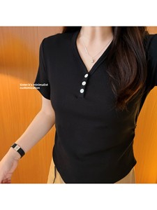 Summer New Wide Loose Shoulder Buttons Half Open V-Neck Short Sleeve Anti-pilling Washed <strong>T</strong>-<strong>shirt</strong> <strong>Joker</strong> Slim ToP - Product Image 2