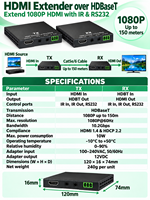 DQINFOS HDBaseT TX RX HD-MI Extender Kit 1080P60Hz 150 Meter PoC Power Dua Arah IR RS232 HDCP 2.2 untuk Siaran Studio TV