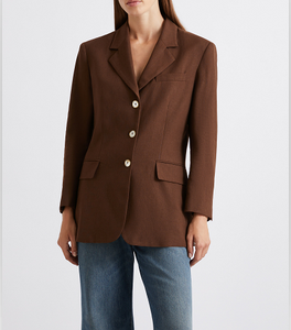 Blazer elegante marrón de un solo botón para mujer con solapa con muescas y bolsillos con solapa, perfecto para la oficina. - Product Image 2