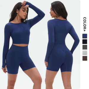 Vente en gros de tenues de sport pour femmes, 5 pièces, haut court à manches longues, leggings, vêtements de sport, tenue de yoga sans couture - Product Image 1