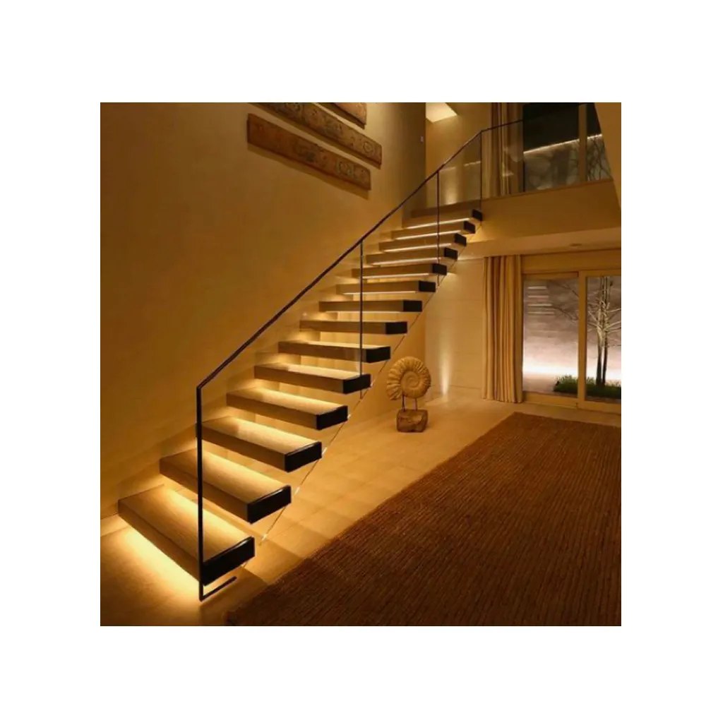 CBMmart Contemporary Led light design black steel invisible stringer wooden glass floating stairs