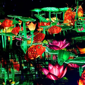 Kolam Lotus dengan Ikan, Lentera Sutra Cina, Lampu Festival Tahan Air