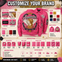 Blouson aviateur en cuir court sur mesure pour femme, rose vif, avec appliques brodées en peau d'agneau, strass et perles