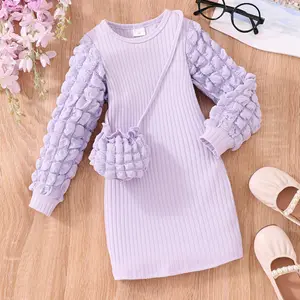 3-7 Y niños niñas vestido otoño manga larga puff manga pit strip incluyendo bolsa vestido de color sólido