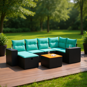 Ensemble de canapés de patio en polyrotin noir, 7 pièces, avec coussins, meubles d'extérieur, sièges de style contemporain, pour 7 personnes - Product Image 2
