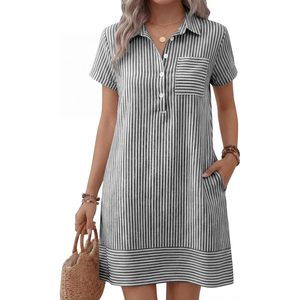 Vestido Camisero de Verano para Mujer, Manga Corta, Abotonado, a Rayas, Casual, Vestido Tipo Camisero, Tejido Transpirable, Ropa para Vacaciones en la Playa - Product Image 1