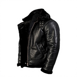 Veste de motard en cuir véritable pour homme avec doublure en fausse fourrure, fermeture éclair coupe-vent, col rabattable, style moto d'hiver - Product Image 1