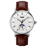 Montre analogique à quartz Skmei 9308 populaire avec phases de lune, boîtier en alliage, bracelet de 20 mm, résistante à l'eau, bracelet en cuir, affichage de la date pour homme