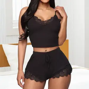 Verão Sexy 2 Peça Set Pijamas Sem Mangas Sleep Shorts Set Lace Sleepwear