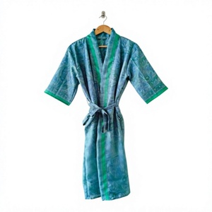 Blue Silk Print Cotton Kimono Robe Women Loose Fit Short Sleeve V-Neck Wrap <b>Belted</b> Casual Dress All Seasons Breathable - Product Image 1