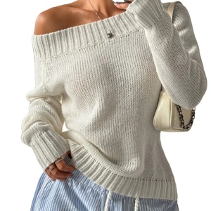 Maglione da donna a girocollo Sexy con spalle scoperte in <span class=keywords><strong>maglia</strong></span> <span class=keywords><strong>semplice</strong></span> stile puro Pullover bianco Casual Chic Slim Fit - Product Image 1