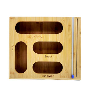 Bamboo <b>Storage</b> <b>Box</b> 4-Compartment Wall Mounted <b>Kitchen</b> Drawer With Cling Film Cutter Punch Free Lacquered Finish - Product Image 4