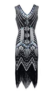 Robe <span class=keywords><strong>Charleston</strong></span> Années 20 Vintage Grande Gatsby pour <span class=keywords><strong>Femme</strong></span>, Col en V Double, Perles, Paillettes et Franges, Style Art Déco, Idéale Soirée et Été - Product Image 4