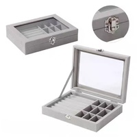 Boîte à bijoux rectangulaire en velours avec fenêtre transparente vintage, organisateur à 9 compartiments avec serrure pour accessoires