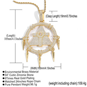 Mens hiphop grande redondo milenario Rueda de la sabiduría colgante grueso helado CZ cadena de eslabones cubanos collares - Product Image 6