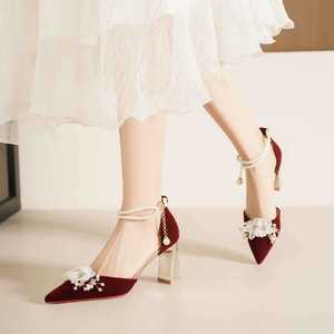 7500H-003 <b>Red</b> Velvet Heeled Sandals Pointed Toe Mid <b>Heel</b> Flower Decorated Bridal Wedding Shoes Comfortable Women Back Strap - Product Image 2