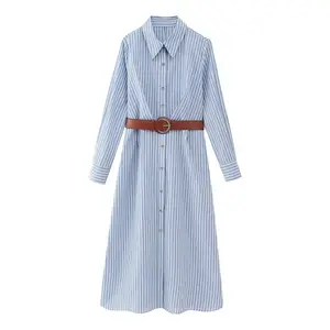 2024 autumn new European and American cross-border Women's linen blend belt shirt dress