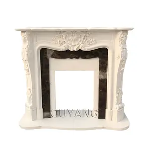 QUYANG Decorative Indoor Freestanding Fire Place Mantel Hand Carved European Style Simple White Marble Fireplace