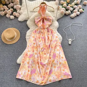 Zt1381 Vakantie Stijl Zoete Fris Halter Jurk Holle Slanke Mid-Length Fancy Daisy Print Strand Slip Dress