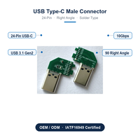 Conector USB Tipo C Macho de 24 Pines, Conector en Ángulo Recto, USB 3.1 Gen2 10Gbps 5A, Tipo Soldadura