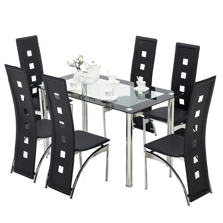 Bàn Ăn Bộ 6 chỗ ngồi PVC cứng ghế Tempered Glass bàn ăn với kim loại Chân 7 miếng phòng ăn hiện đại bộ