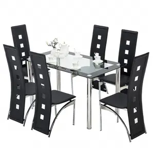 Juegos de mesa de comedor de 6 plazas, sillas de PVC duro, mesa de comedor de vidrio templado con patas de metal, modernos, 7 piezas