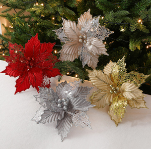 لمسة حقيقية الأحمر والأبيض الذهب البونسيتة الترتر زهرة اصطناعية كبيرة المخملية البونسيتة لتزيين عيد الميلاد - Product Image 3