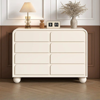 Commode en bois style crème minimaliste, avec 8 tiroirs à panneaux plats, buffet de rangement, pieds à boule entièrement incurvés, autoportante