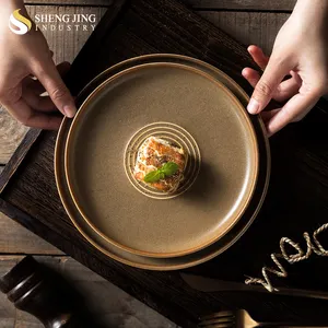 <span class=keywords><strong>Vajilla</strong></span> de Porcelana Cerámica Moderna de Estilo Nórdico Ecológica con Borde Dorado y Acabado Mate, Juego Completo para Hotel y Restaurante - Product Image 2