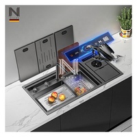 Évier de cuisine moderne noir nano en acier inoxydable 304 fait main, carré, 980x450mm, à trois trous, double bac, avec robinet dissimulé DN Smart