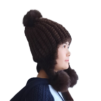Bonnet unisexe d'hiver en fourrure de lapin véritable à 100 % avec pompon en fourrure de renard, chaud, respirant, tricoté, doublé, style sportif et tendance