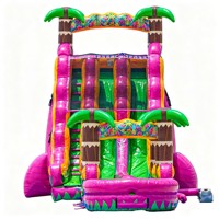 Toboggan aquatique gonflable commercial à double piste avec piscine, motif palmier tropical, pour location événementielle