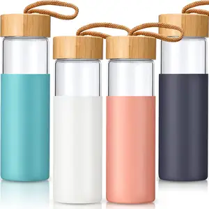 550ml tùy chỉnh Borosilicate chai nước thủy tinh uống chai nước thủy tinh với Silicone tay áo và nắp tre