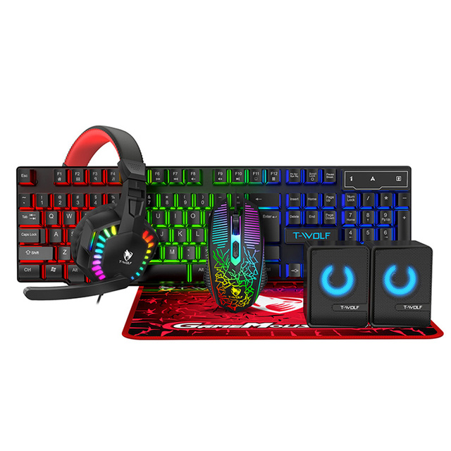 TF880 Wired Colored Keyboard Mouse Headphone Speakers and Pad Combo 5 in 1 High Quality USB Gaming Glowing Keyboard Mouse Set