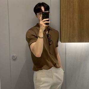 T-shirt à manches courtes de style hongkongais pour hommes, respirant, col tournant pour polo, décontracté, été, couleur unie, tricot <span class=keywords><strong>Teena</strong></span> - Product Image 4