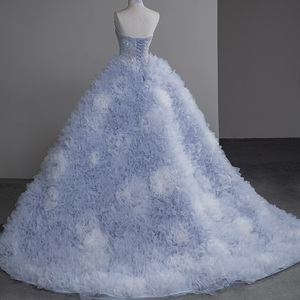 Robe de soirée longue en tulle plissée avec appliques de fleurs 3D et sequins pour femme, style princesse, coupe trapèze, Sfy35 - Product Image 3