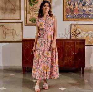 Vestido Midi sin Mangas con Cuello en V y Estampado Floral al por Mayor, Estilo Bohemio, Ropa Casual de Verano - Product Image 1