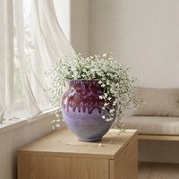 Pot en céramique artisanal avec glaçure effet goutte d'eau, bord festonné ondulé, vase décoratif pour table