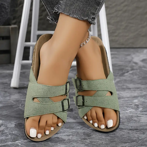 Pantofole da donna in pelle scamosciata morbida <span class=keywords><strong>suola</strong></span> in <span class=keywords><strong>sughero</strong></span> sandali larghi <span class=keywords><strong>con</strong></span> due fibbie regolabili in metallo sandali da spiaggia da esterno - Product Image 4