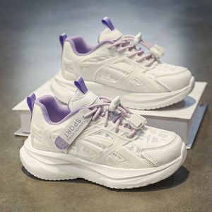 Zapatos deportivos para niños, zapatos para correr con hebilla elástica transpirable de malla, color blanco, rosa, morado, adorno mejorado A333 - Product Image 2