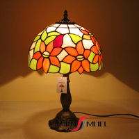 Lampe de table/bureau LED style Tiffany rétro européen, abat-jour en verre mosaïque coloré motif tournesol