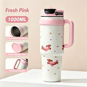 แก้วน้ำเก็บความเย็นสแตนเลส 316 ขนาด 1000 มล. ลายการ์ตูนน่ารัก ป้องกันการรั่วซึม ความจุเยอะ พร้อมหูจับและหลอดดูด สกรีนโลโก้ได้ - Product Image 2