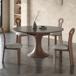 طاولة طعام قابلة للطي بتصميم بسيط حديث على الطراز الاسكندنافي مع قاعدة من خشب الجوز الصلب، قابلة للتمديد من مربعة إلى مستديرة، تتسع لـ 6 أشخاص - Product Image 3