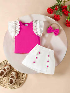 Set pakaian 3 potong untuk perempuan, atasan renda kasual Cross-Border Eropa dan Amerika, atasan leher bulat + rok putih syal pita, Set motif 3 potong - Product Image 3