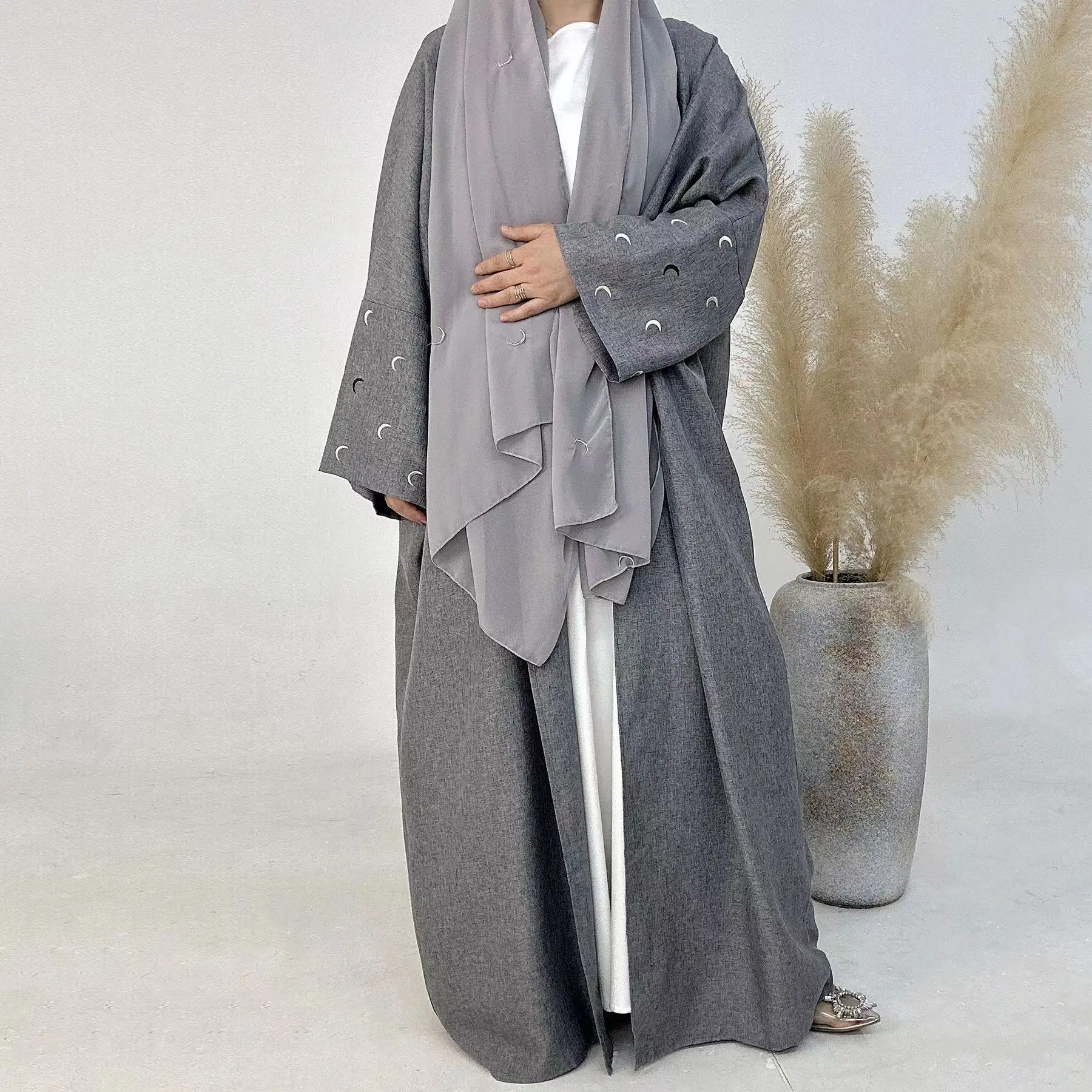 Luna bordado mangas Lino mujeres musulmanas Abaya partido Hijab ropa islámica EID Ramadán Kimono Cardigan Abaya
