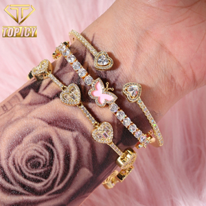 Nuovo Arrivo Set di Tre Bracciali in Ottone Placcato <span class=keywords><strong>Oro</strong></span> 18K con Cuore e Farfalla Rosa, Gioielli alla Moda con Zirconia Cubica - Product Image 1